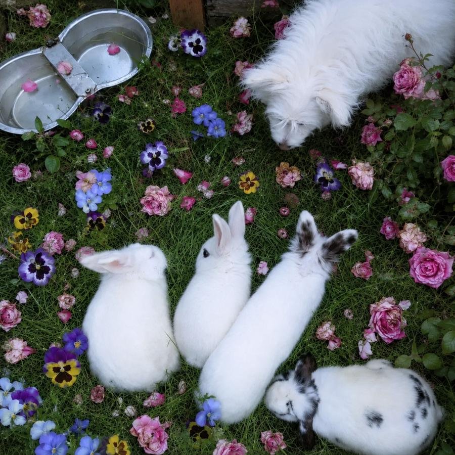 Groundcover — bunnies and white fluffy dog in garden with pansies and pink roses