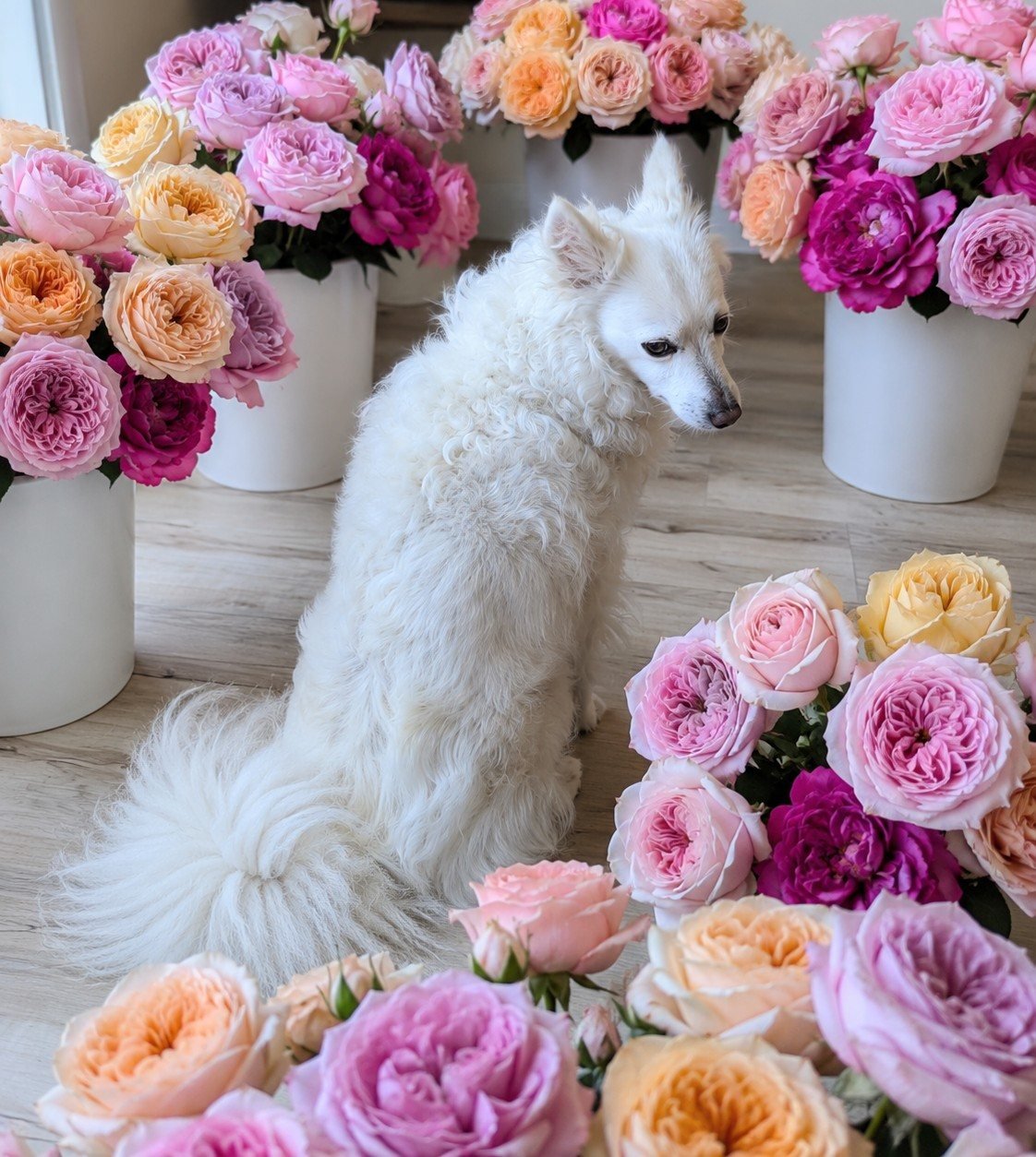 A white dog surrounded by buckets of rare wedding and garden roses in pink, coral and cream